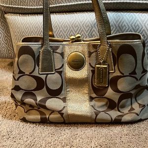 COACH Signature Stripe Kisslock Carryall Tote Gold